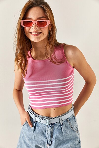 Olalook Γυναικεία πλεκτά μπλούζα ροζ έξι ριγέ Crop BLZ-19002323