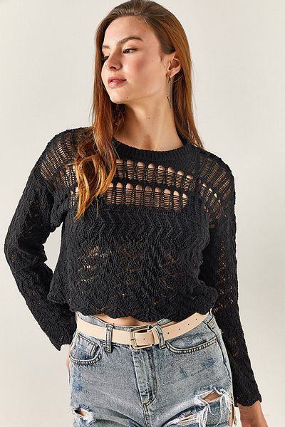 Olalook Γυναικεία Πλεκτή Μπλούζα Μαύρη ανοιχτή Crop BLZ-19002328