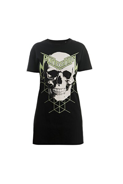 Kadın Siyah Kısa T-shirt Elbise Green Magıc Skull
