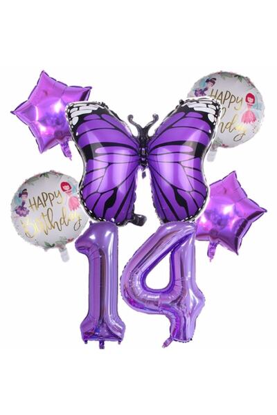 Parti Station Purple Butterfly Purple Color 14 Year Old Number Balloon Set Bi...