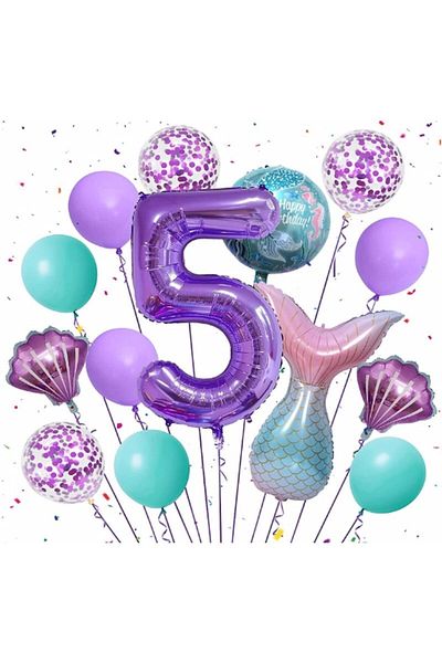 Parti Station Purple Color Mermaid Concept 5 Year Old Figure Balloon Set Mermaid Themed Birthday Party Set