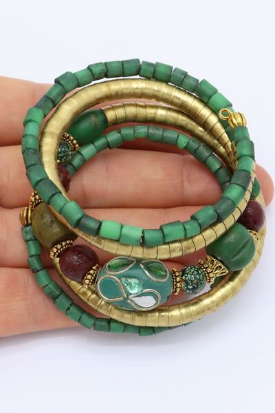 Esra Pamir Yeşil Hint Boncuğu Pirinç Doğal Taş El Yapımı Bileklik