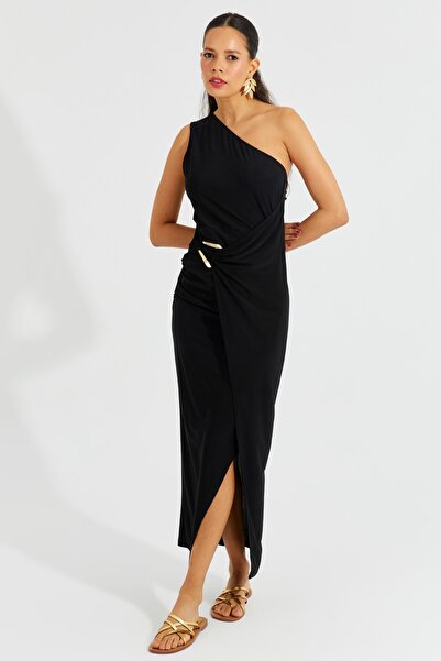 Cool & Sexy Γυναικείο Μαύρο Μάξι Φόρεμα με One Shoulder Bockle BK1658
