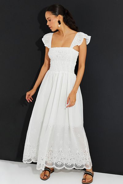 Cool & Sexy Women's White Scalloped Elastic Lined Maxi Dress BK1657