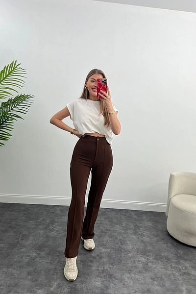 Winmoda34 Ψηλόμεσο γρασίδι Palazzo υφασμάτινο παντελόνι με πάπλωμα