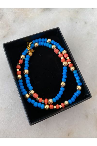 Lucky Designs Gold Detail Turquoise Orange Bead Necklace
