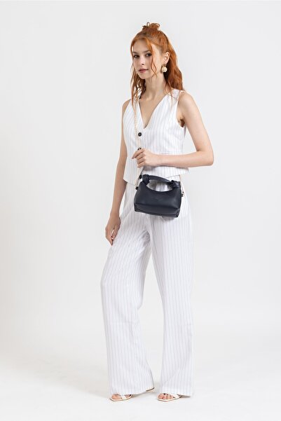 NOTHING Women's Dark Navy Blue Soft Leather Knot Detailed Handled Chain Strap Mini Hand Shoulder Baguette Bag