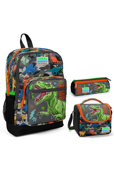 Coral High Set de genți pentru școală primară triplu dinozaur gri verde