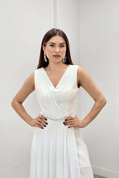 giyimmasalı Βραδινό φόρεμα από κρεπ ύφασμα σιφόν με λεπτομέρεια σάλι - ΛΕΥΚΟ