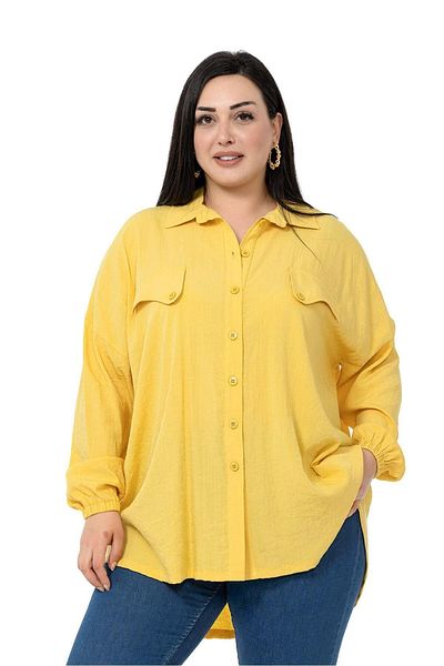 DISENTIS MODEST قميص أصفر كبير الحجم مع تفاصيل غطاء الجيب وأكمام مطاطية