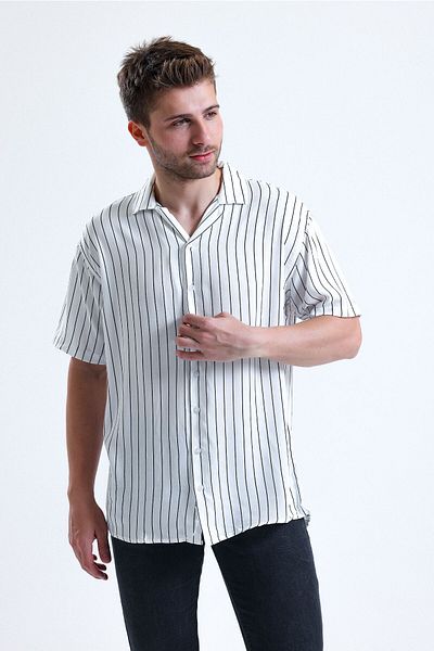 Evorya Men's White Black Stripe Patterned Short Sleeve Summer Hawaiian Shirt
