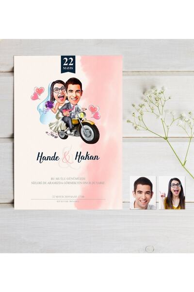 Bk Gift Kişiye Özel Karikatürlü Nikah & Düğün Davetiyesi Model 8 (50 Adet)