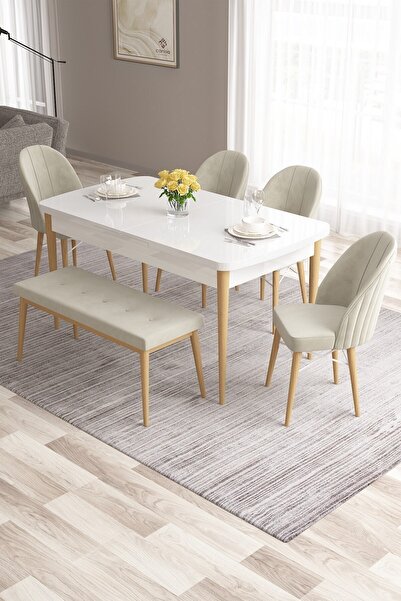 Canisa Roz Serisi,80x132 Mdf Beyaz Mutfak Masası Doğal Ahşap Ayak Beyaz Kafes...