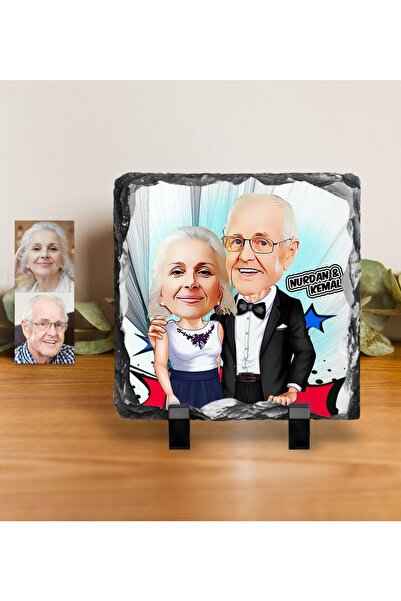 Bk Gift Kişiye Özel Dede ve Büyükanne Karikatürlü Dekoratif Doğal Taş