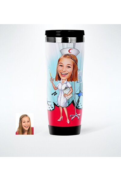 Bk Gift Kişiye Özel Hemşire Karikatürlü Çelik Termos Bardak - 2