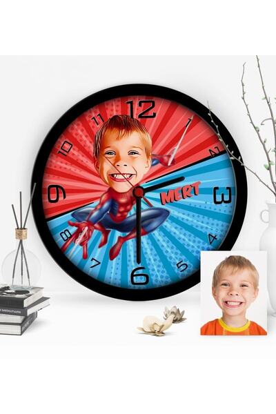 Bk Gift Kişiye Özel Örümcek Adam Çocuk Odası Karikatür Ahşap Duvar Saati - 1
