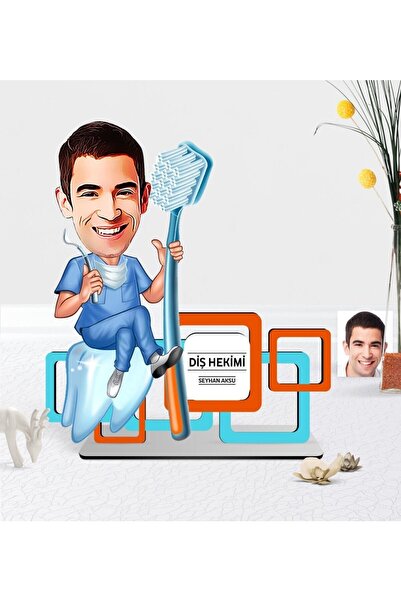 Bk Gift Kişiye Özel Bay Diş Hekimi Karikatürlü 3D Ahşap Masa İsimliği - 2