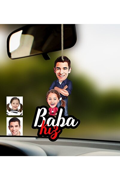 Bk Gift Kişiye Özel Baba Kız Karikatürlü Ahşap Araba Dikiz Ayna Süsü-1