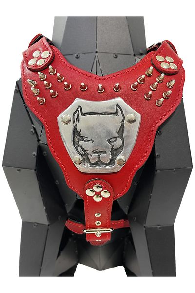 Tasma Market Red Pitbull Headed Gladiator Leather Dog Chest Collar