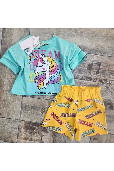 YİGİT BUTİK Yigit Butik Unicorn Printed Girls Set with Shorts