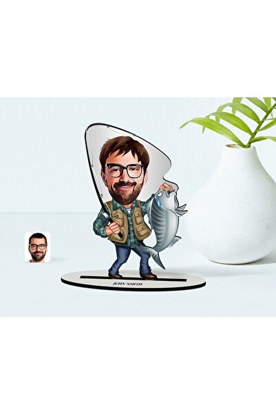 Bk Gift Kişiye Özel Bay Balıkçı Karikatür Ahşap Biblo - 1