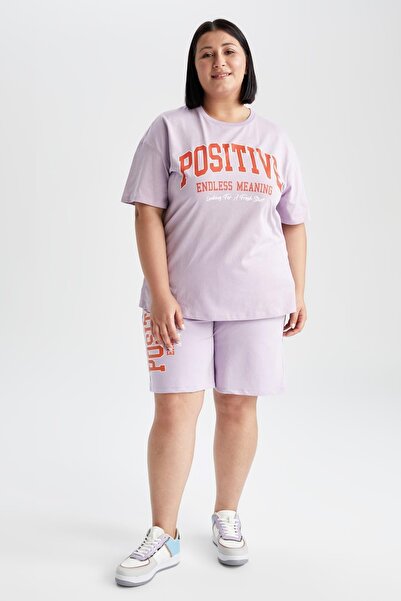 DeFacto T-shirt Df Plus Plus Size, oversize, z okrągłym dekoltem i nadrukiem, z krótkim rękawem, 100% bawełny