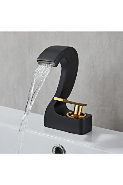 Anunnaki Black Gold Deck Mounted Single Hole Waterfall Basin Bathroom Sink Tap Hot and Cold
