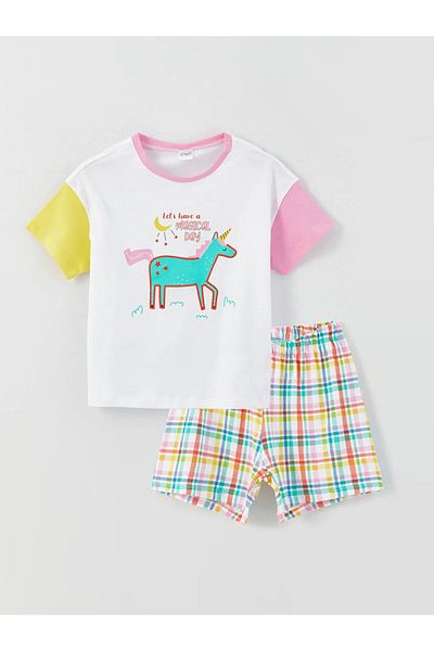 LC Waikiki Dívčí pyžamo s krátkým rukávem Lcw Kids Crew Neck s potiskem a šortkami