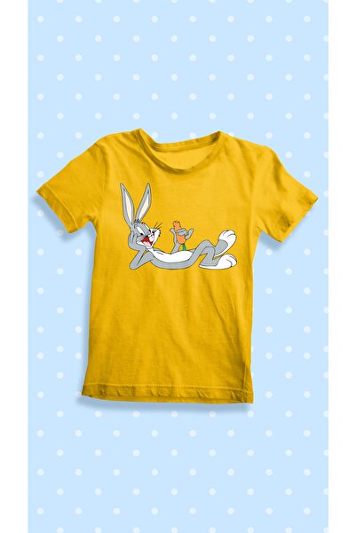 karikatürstore Looney Tunes Havuçlu Bugs Bunny Baskılı Sarı Unisex Çocuk Tişört