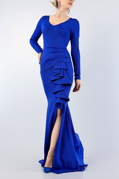 Secret Passion Lingerie V-Neck Slit Flywheel Λεπτομερές ελαστικό ύφασμα κρεπ Μπλε μακρύ βραδινό φόρεμα Νυφικό φόρεμα 581843   099