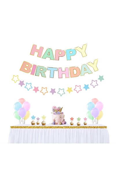 Big Party Makaron Renk Happy Birthday Ve 12 Parça Makaron Renkli Yıldızlı Set