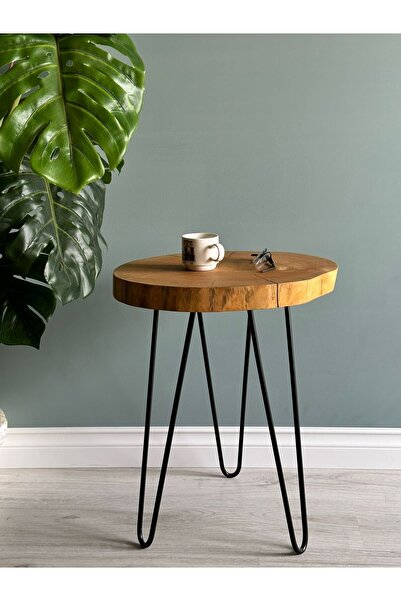 odka Sehpa - Kütük Yan Sehpa Metal Ayaklı Naturel Renk Yükseklik 55cm