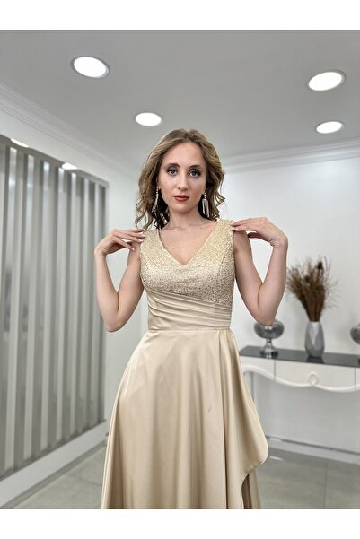 Rana Zenn Gold Saten Boncuklu Drapeli Ahu Abiye