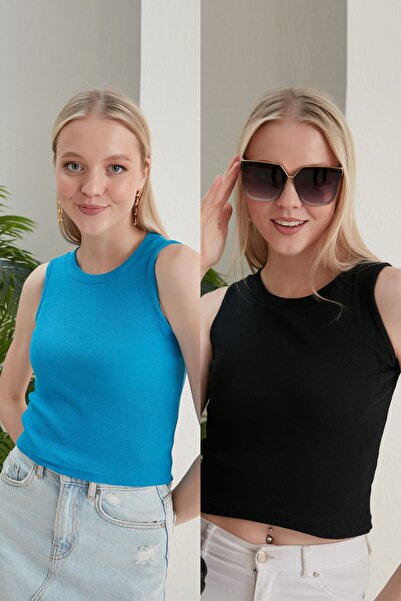 CATSPY Дамска черно-синя блуза с деколте тип халтер от 2 части