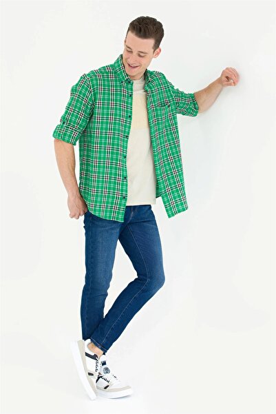 U.S. Polo Assn. OROMO Ekose Desenli Katlanabilir Kol Yakası Düğmeli Comfort Fit Cepli Erkek Gömlek