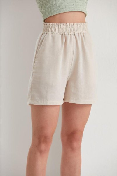 Thin Shop Beige Belt Detailed Linen Blended Summer Shorts - Linen Shorts - Linen Shorts