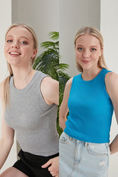 CATSPY بلوزة نسائية ذات رقبة رسن زرقاء ورمادية مكونة من قطعتين