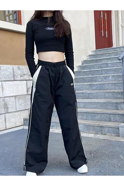 Köstebek Y2k Harajuku Thick Stripe Detail Baggy Black Casual Pants