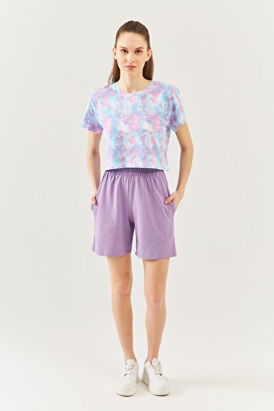 Butikgiz Lila Rahat %100 Pamuklu Penye Beli Lastikli Bel Cepli Kısa Trendy Kadın Şort