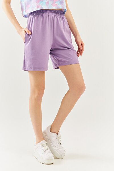 Butikgiz Lila Rahat %100 Pamuklu Penye Beli Lastikli Bel Cepli Kısa Trendy Kadın Şort