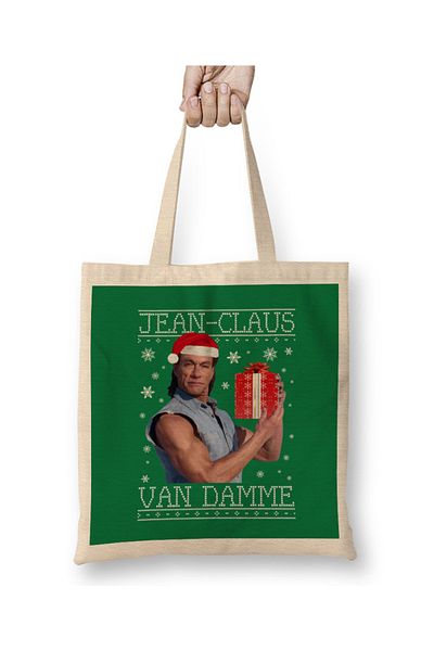 Baskı Dükkanı Geantă din pânză tricotată de Crăciun Jean Claus Van Damme cu mâner lung