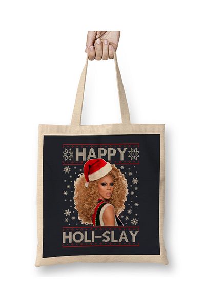 Baskı Dükkanı Happy Holi Slay RuPaul Χριστουγεννιάτικη πλεκτή υφασμάτινη τσάντα με μακριά λαβή