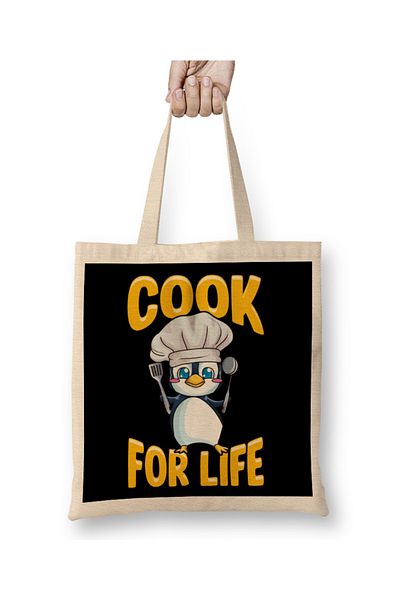 Baskı Dükkanı Drăguț Pinguin Cook For Life Cooking Bucătărie Animal Geantă din pânză Mâner lung
