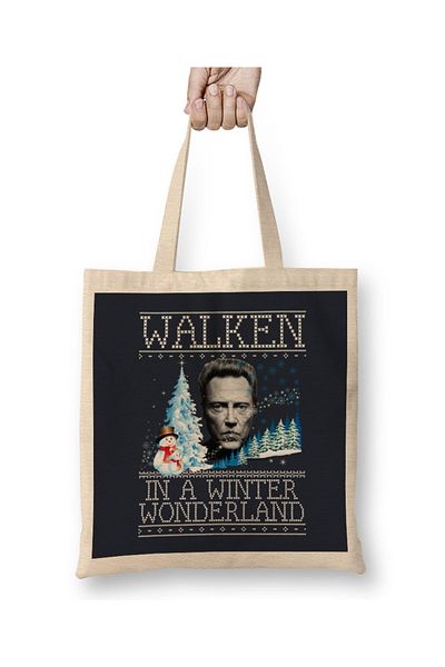 Baskı Dükkanı Walken In A Winter Wonderland Χριστουγεννιάτικη πλεκτή υφασμάτινη τσάντα με μακριά λαβή