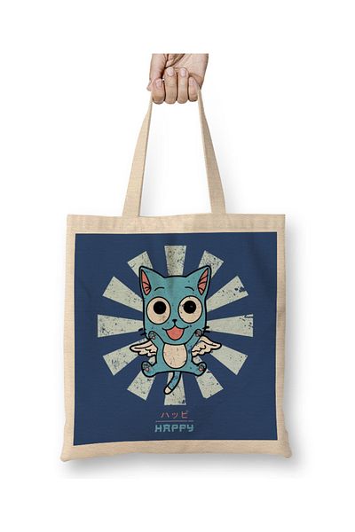 Baskı Dükkanı Happy Fairy Tail Ρετρό ιαπωνική υφασμάτινη τσάντα με μακριά λαβή