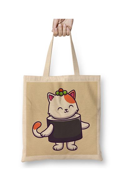 Baskı Dükkanı Cute Cat Sushi Salmon 02 υφασμάτινη τσάντα με μακριά λαβή