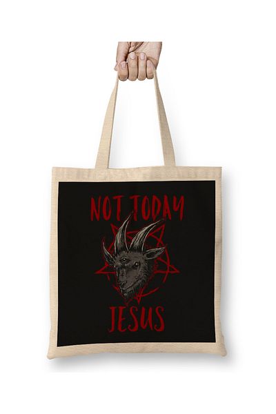 Baskı Dükkanı Σατανισμός Baphomet Goat Pentagram Not Today Τσάντα υφασμάτων Ιησούς με μακριά λαβή