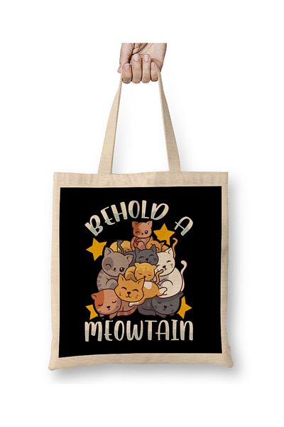 Baskı Dükkanı Behold A Meowtain Cute Cat Mountain Funny Kittens υφασμάτινη τσάντα με μακριά λαβή