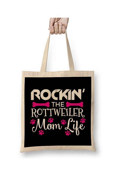 Baskı Dükkanı Rockin The Rottweiler Mom Life Cute Rott Owners υφασμάτινη τσάντα με μακριά λαβή