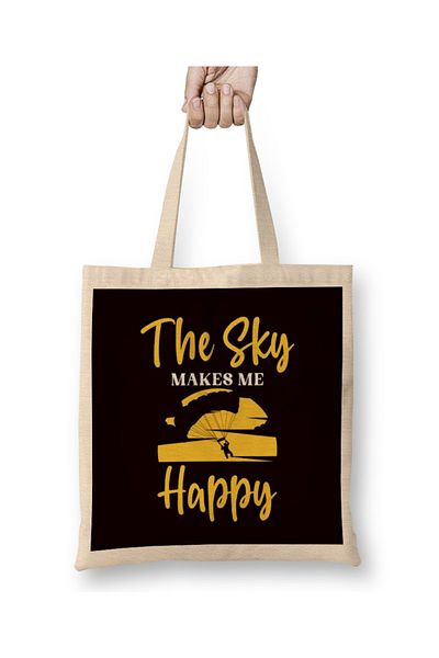 Baskı Dükkanı Sky Makes Happy Paragliding Parachuting Skydiving Pilot υφασμάτινη τσάντα με μακριά λαβή